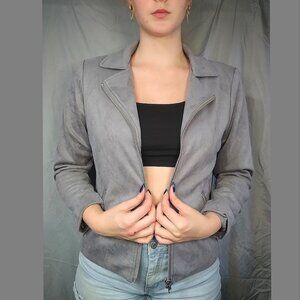Gray Faux Suede Front Zip Collared Moto Jacket
